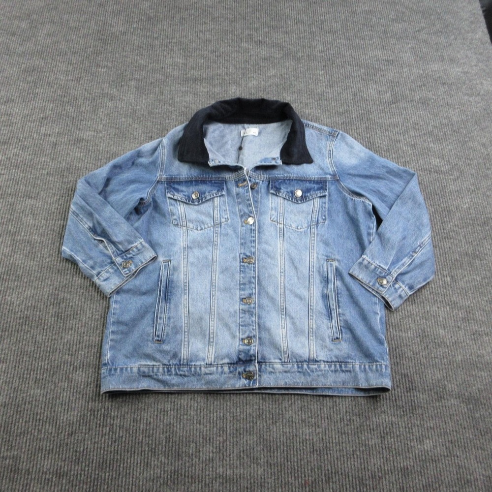 The Fine Print Jacket Womens 1X Blue Denim Pockets Button Mid-Length NWT